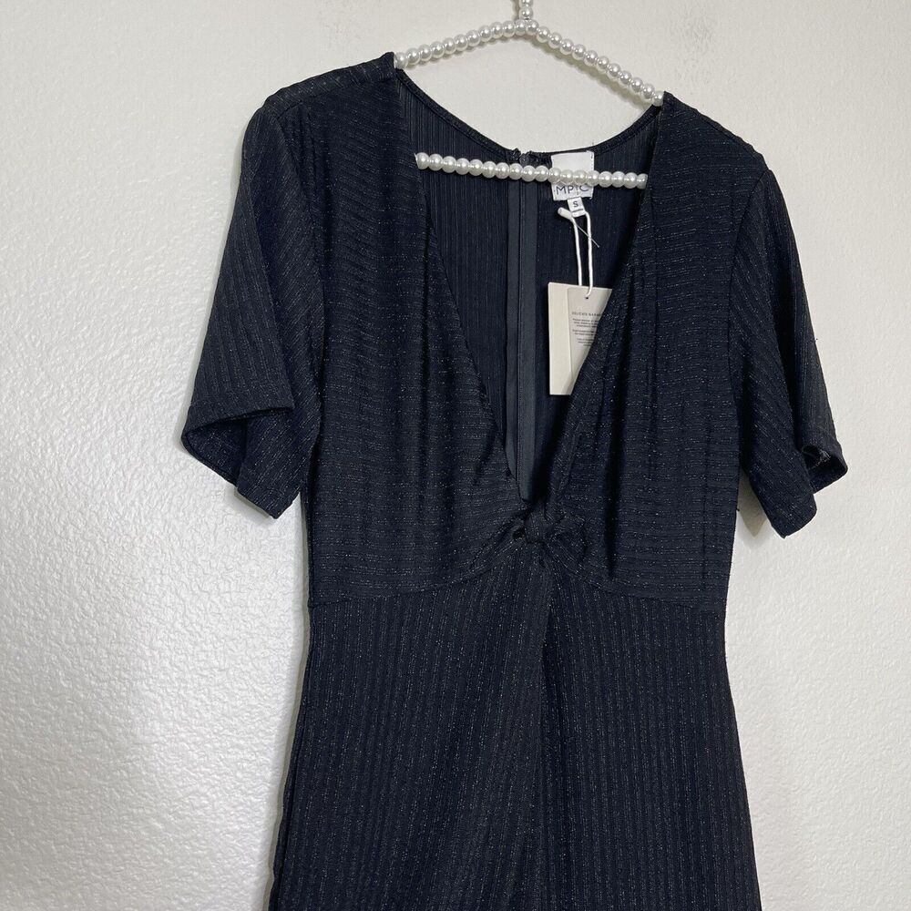 Minkpink Jumpsuit Small Black Shimmer Short Sleeve Ribbed Twist Front Lined Zip